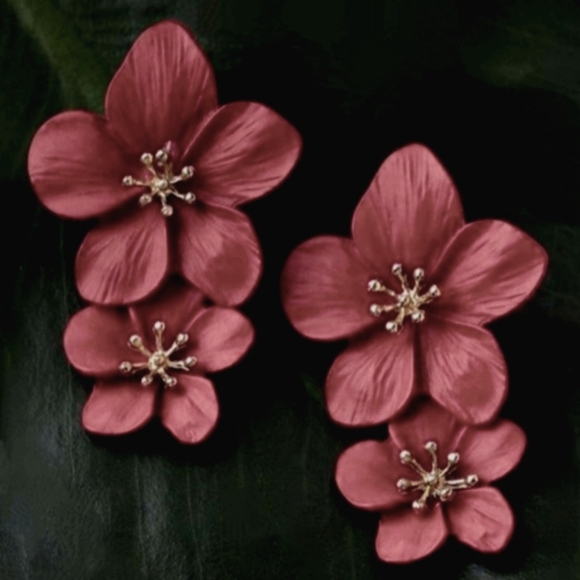 Big Rose Pink Double Flower Blossom Statement Earrings Romantic Sakura Flowers - Picture 2 of 3